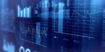 close-up view of financial graphs, bar, circle and line charts (3d render)